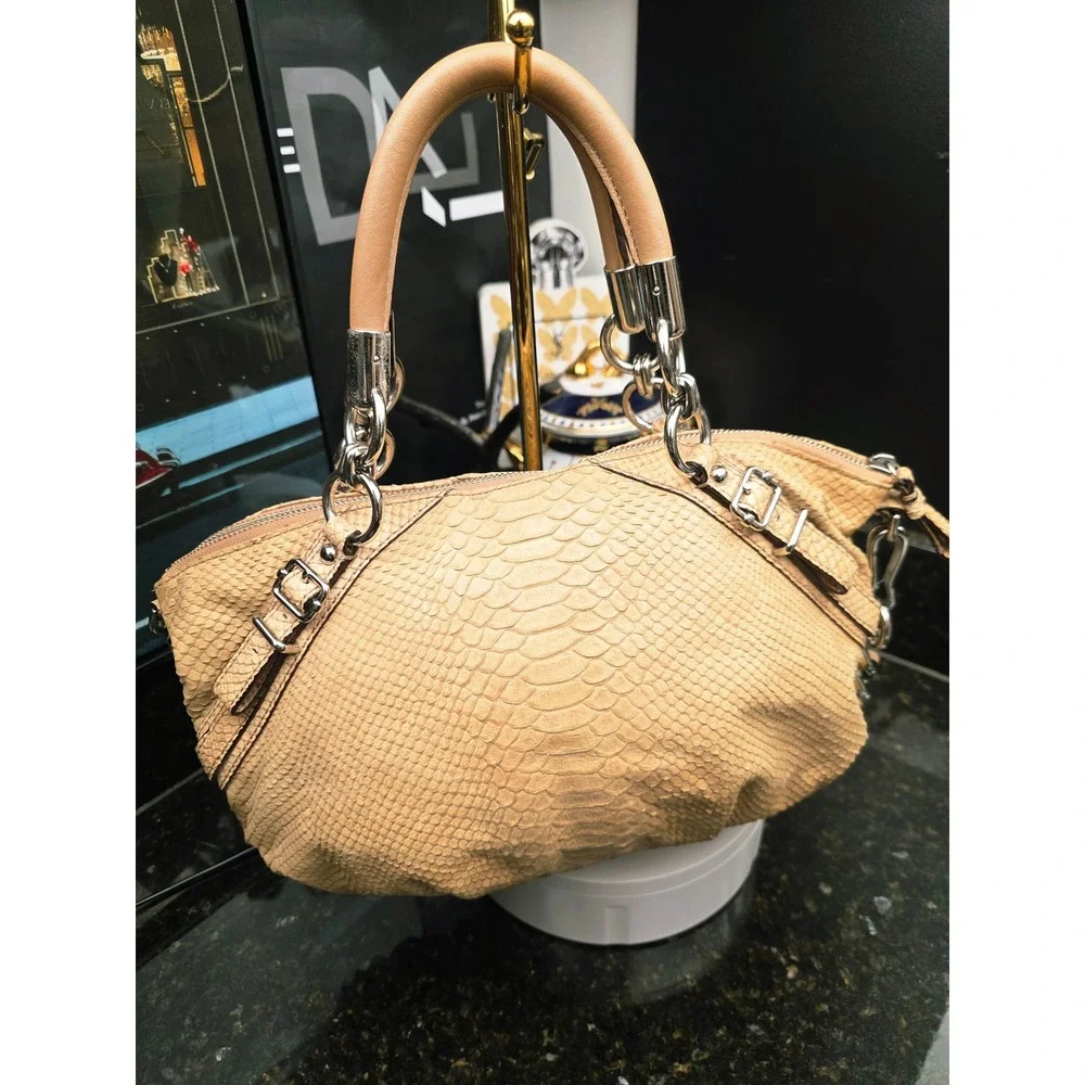 Coach Madison Sophia Satchel M Tan Python Embossed Leather Silver Chain Luxury